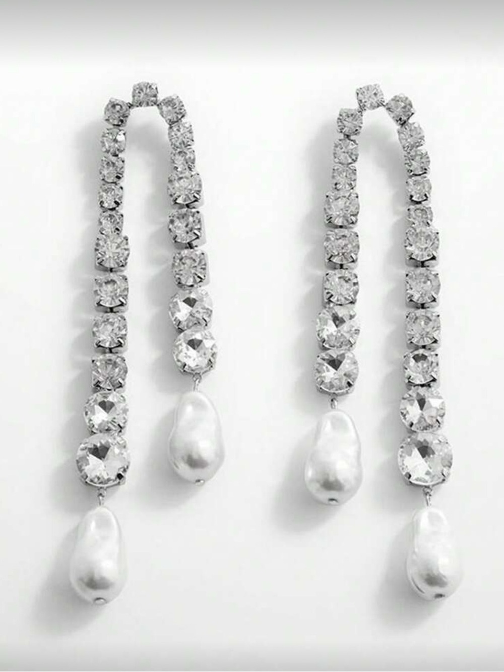 Clear Crystal and White Pearl Linear Drop Earrings